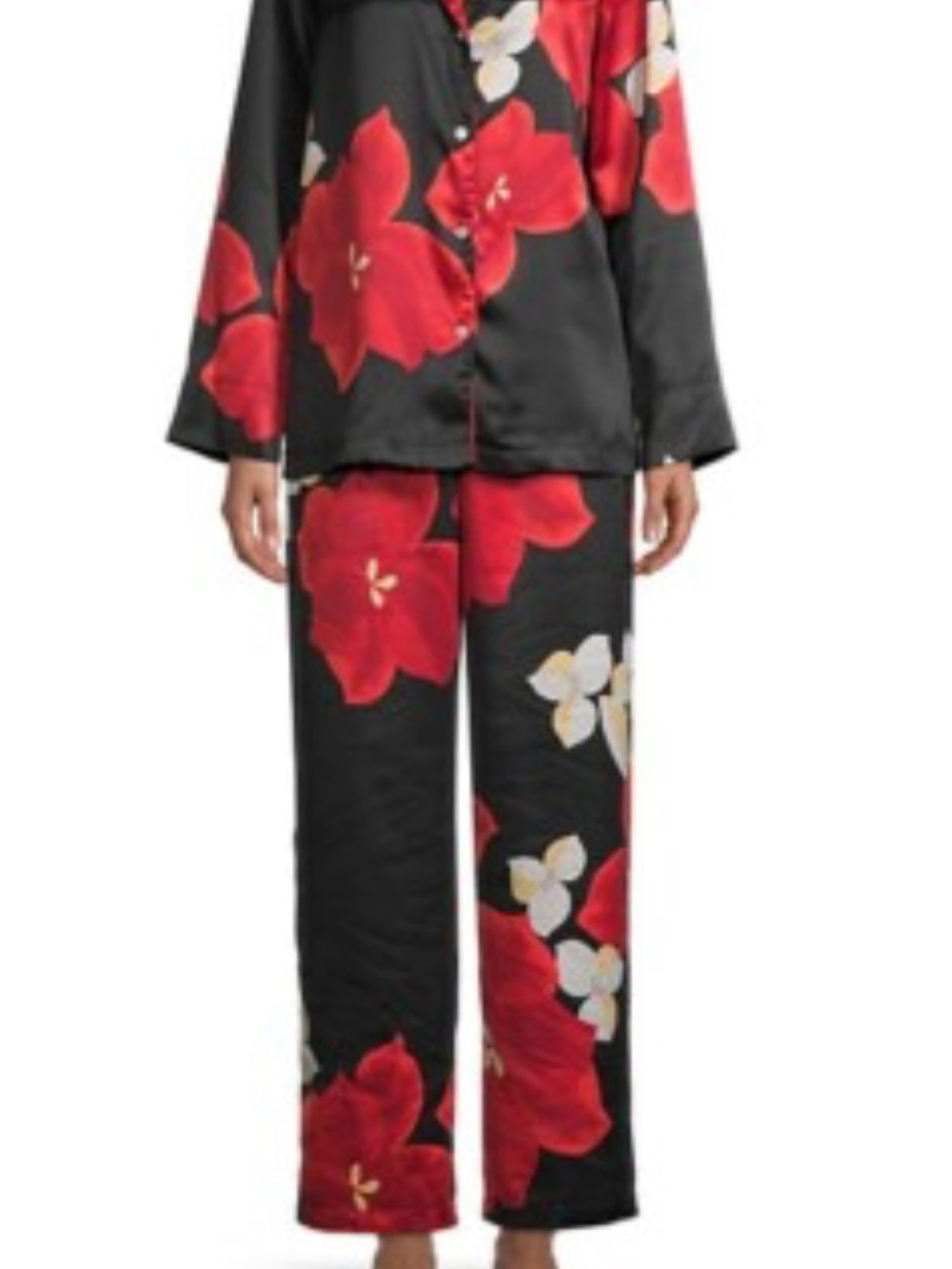 Natori Floral Satin Pajama Set Black Red XS Button Down and Pants